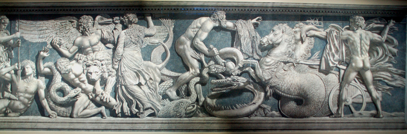 Fragment sławnego fryzu z Ołtarza Pergamońskiego w ekspozycji Panoramy Pergamońskiej. Fot. Cezary Rudziński